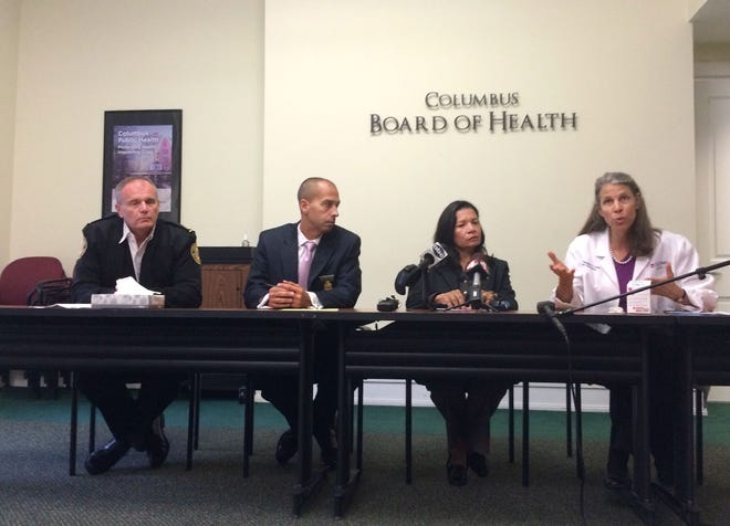 Columbus Assistant Fire Chief Jim Davis, Columbus Assistant Deputy Police Chief Ken Kuebler, Franklin County Coroner Dr. Anahi Ortiz, and Columbus Public Health Commissioner Dr. Teresa Long speak at a press conference on Wednesday.