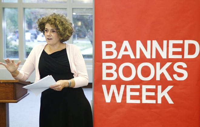Library Director Dawn Emsellem opens up an event on Wednesday where students were encouraged to read excerpts from their favorite banned books at Salve Regina University’s McKillop Library. The program is part of a week long national observance coordinated by the American Library Assosciation.