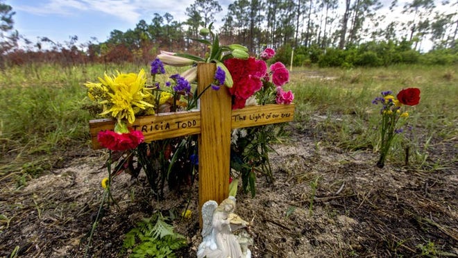 A cross with Tricia Todd name can be seen Monday May 30, 2016 at Hungryland Wildlife and Environmental Area in Martin County. It appears Steven Williams (Todd ex-husband), on April 27 cut Todd’s body into pieces in the wooded area, 15 miles southwest of her Hobe Sound home, Martin County Sheriff William Snyder said. Todd’s partial remains were found inside a plastic container filled with a liquid that investigators believe is acid. (Bill Ingram / The Palm Beach Post)