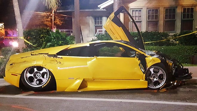 View of a Lamborghini after it was involved in a collision with an SUV Wednesday September 21, 2016 in Delray Beach, police said. One man was killed and another sustained serious injuries. (Photo courtesy Delray Beach Police Department)