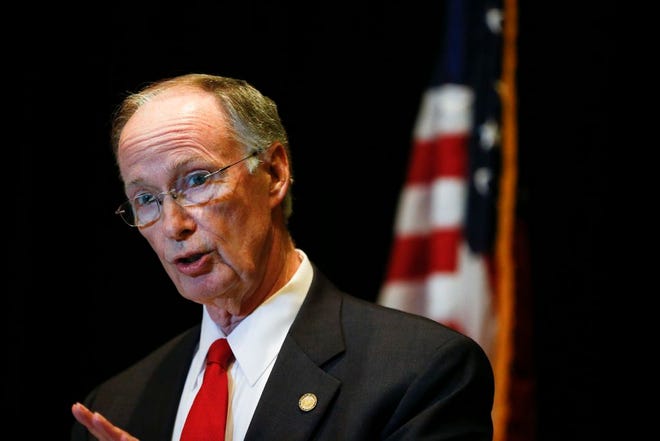Alabama Gov. Robert Bentley speaks to the media during a news conference, Monday, Sept. 19, in Hoover, Ala. (AP Photo/Brynn Anderson)
