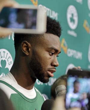 Boston Celtics top draft pick' Jaylen Brown speaks to the media during training camp this week. AP Photo/Elise Amendola