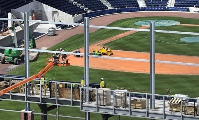 File - Construction workers build the right field wall at a stadium for Hartford's new minor league baseball team in Hartford. (AP Photo)