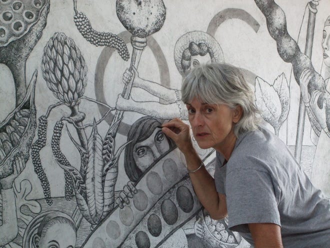 Erica Daborn's series of six large-scale murals will be on display in Schiltkamp Gallery in the Traina Center for the Arts at 92 Downing St. and the Higgins Lounge in Dana Commons on the Clark University campus, through Nov. 17. Submitted Photo