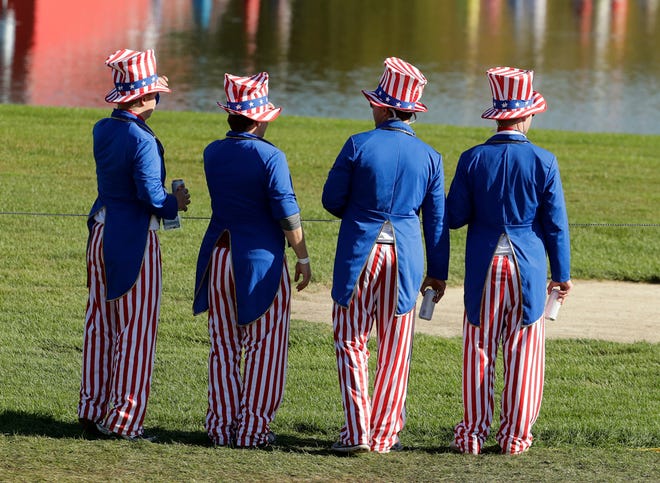 Fans watch during a four-ball match at the Ryder Cup golf tournament Saturday, Oct. 1, 2016, at Hazeltine National Golf Club in Chaska, Minn. (AP Photo/Charlie Riedel)