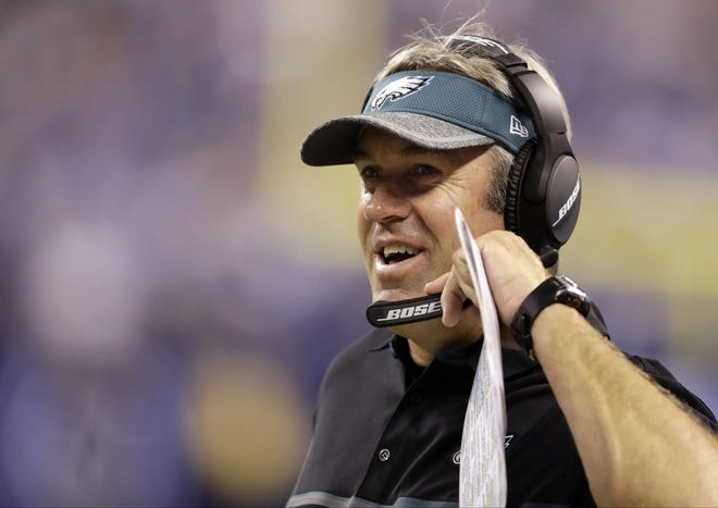 FILE - In this Aug. 27, 2016, file photo, Philadelphia Eagles head coach Doug Pederson smiles on the sideline during the first half of an NFL preseason football game against the Indianapolis Colts in Indianapolis. Carson Wentz and the unbeaten Eagles were the surprise story in the NFL's first month. The hard part now is ignoring the hype. Before players scattered for rest and relaxation during their bye week, coach Pederson cautioned his team about complacency. (AP Photo/Darron Cummings. File)