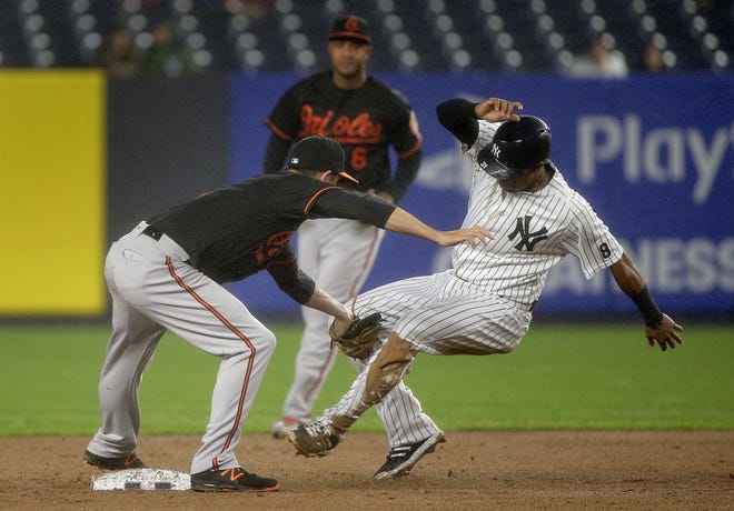 Baltimore Orioles shortstop J.J. Hardy, left, puts the tag on the Yankees' Aaron Hicks who was trying to steal second base during New York's 8-1 loss on Friday. Associated Press