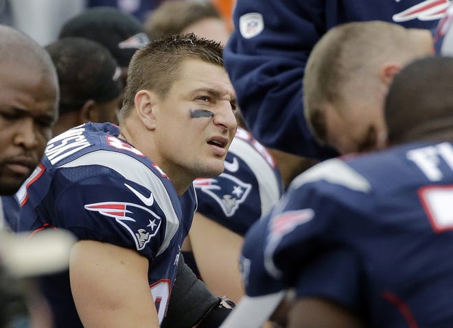 Patriots tight end Rob Gronkowski sits on the sideline during the second half of New England's 16-0 loss to the Bills. It was the first time the Patriots were shut out since 2006.