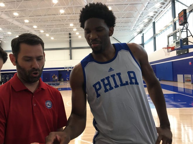 Sixers center Joel Embiid kids around with PR director Mike Preston following Monday's practice in Camden. "I look like a model," said Embiid of his selfie.