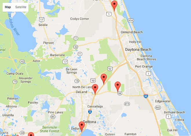 Multiple incidents can be seen in I-4 and I-95 Monday morning in this map from the Florida Highway Patrol. Google