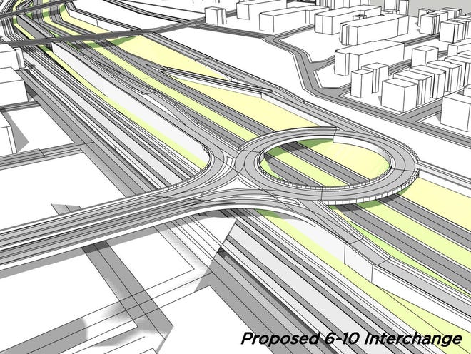 A rendering of Providence's proposed "halo" elevated rotary where Route 6, to the left, merges with Route 10. Route 10 traffic would flow beneath the rotary.