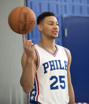 (File) Rookie forward Ben Simmons spins a basketball  at Sixers media day Monday, Sept. 26, 2016, in Camden.
