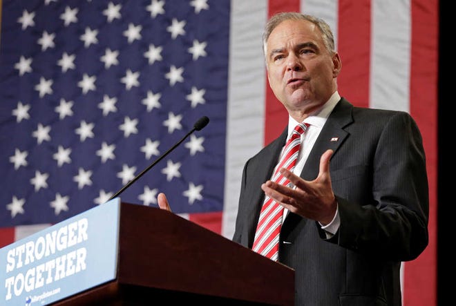 Democratic vice presidential candidate, Sen. Tim Kaine, D-Va. speaks during a campaign rally in Wilmington, N.C., Tuesday, Sept. 6, 2016. (AP Photo/Chuck Burton)