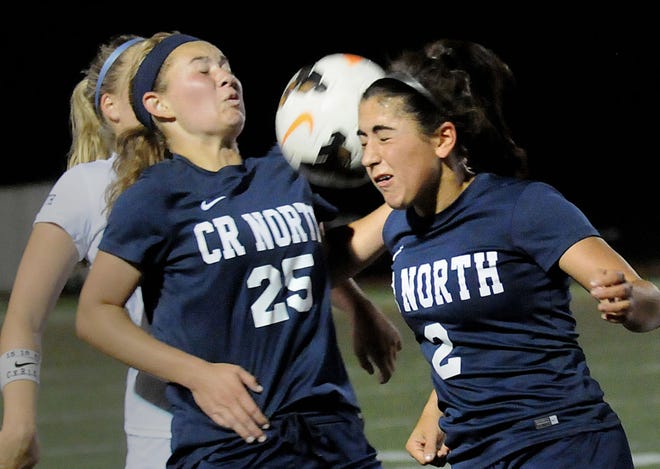 Council Rock High School North's Bernadette Daries and Becca Margolis stop the ball during a soccer game Wednesday, Oct. 5, 2016, against Council Rock High School South in Newtown.
