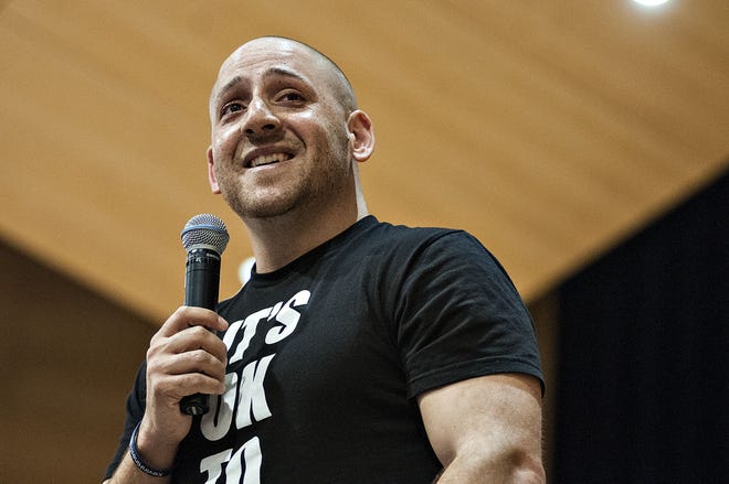 Kevin Hines, who attempted suicide by leaping off the Golden Gate Bridge, talks about his experiences with behavioral health challenges and his recovery at Quakertown High School on Wednesday, Oct. 5, 2016. He is one of only 36 people (less than 1 percent) to have survived the fall.