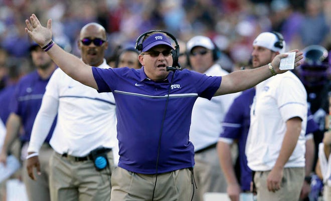 FILE - In this Oct. 1, 2016, file photo, TCU head coach Gary Patterson reacts to a play during the first half of an NCAA college football game against Oklahoma, in Fort Worth, Texas. "The worst job maybe in America right now is the defensive coordinator, especially in the Big 12,â€ Patterson said this week after his Horned Frogs gave up 52 points in a loss to Oklahoma. (AP Photo/LM Otero, File)