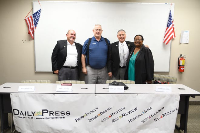 Victor Valley Union High School District school board candidates Jose Berrios, Ken Larson, Rosalio Hinojos and Barbara Dew. David Pardo, Daily Press