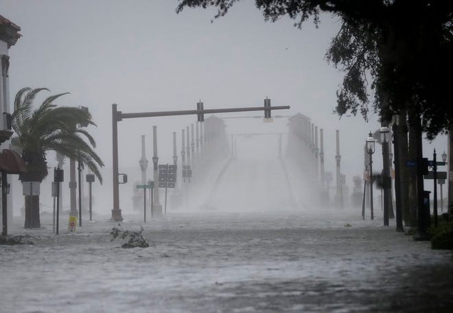 Wind and water from Hurricane Matthew batter downtown St. Augustine, Fla., Friday, Oct. 7, 2016.