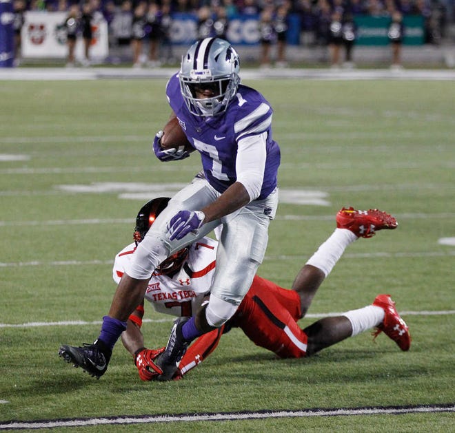 Texas Tech defensive back Jah'shawn Johnson misses a tackle on Kansas State wide receiver Isaiah Zuber in the fourth quarter of the Red Raiders' 44-38 loss on Saturday in Manhattan, Kansas.