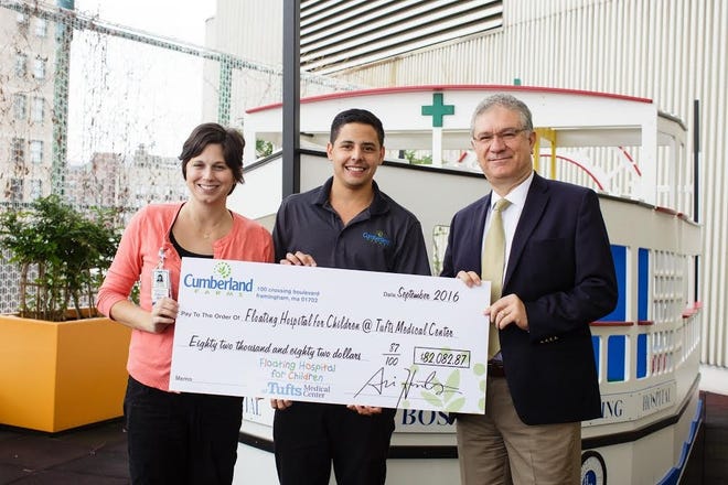 Pictured, from left: Andrea Colliton, director of child life, Floating Hospital for Children; Bryan Pierce, marketing associate of Cumberland Farms; Dr. Rashed Durgham, chief administrative officer and pediatrician-in chief, Floating Hospital for Children. Courtesy Photo