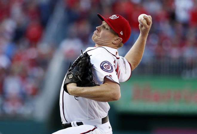 Washington Nationals relief pitcher Mark Melancon throws in the ninth inning during Game 2 of the National League Division Series against the Los Angeles Dodgers on Sunday. ASSOCIATED PRESS / ALEX BRANDON