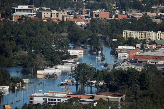 An aerial view Monday shows floodwaters after Hurricane Matthew roared through Lumberton, North Carolina. REUTERS/Chris Keane