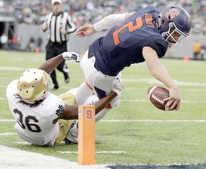 Syracuse quarterback Eric Dungey dives for an Oct. 1 touchdown as Notre Dame cornerback Cole Luke tries to bring him down at MetLife Stadium in East Rutherford, New Jersey.   

AP Photo/Julio Cortez