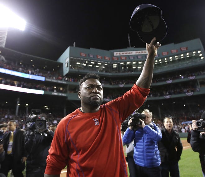 David Ortiz tips his cap to the crowd at Fenway Park after the Red Sox were eliminated from the playoffs with a 4-3 loss to the Indians on Tuesday night. The game was the last of Ortiz's illustrious career.