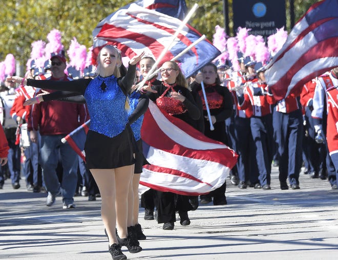 The Portsmouth High School Marching Band takes part in the annual Columbus Day Parade on Monday in Newport.