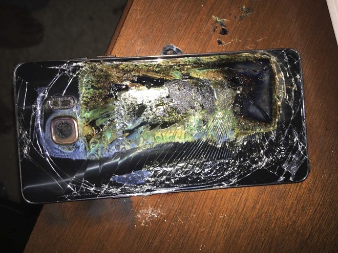 A damaged Samsung Galaxy Note 7 is shown after it caught fire on Sunday in Virginia. THE ASSOCIATED PRESS