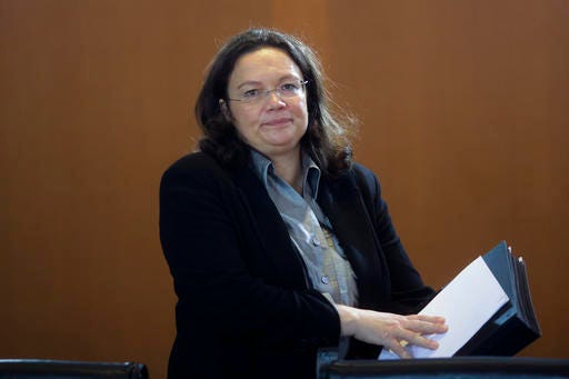 German Minister of Labour and Social Affairs Andrea Nahles arrives for the weekly cabinet meeting of the German government at the chancellery in Berlin, Wednesday, Oct. 12, 2016. (AP Photo/Markus Schreiber)