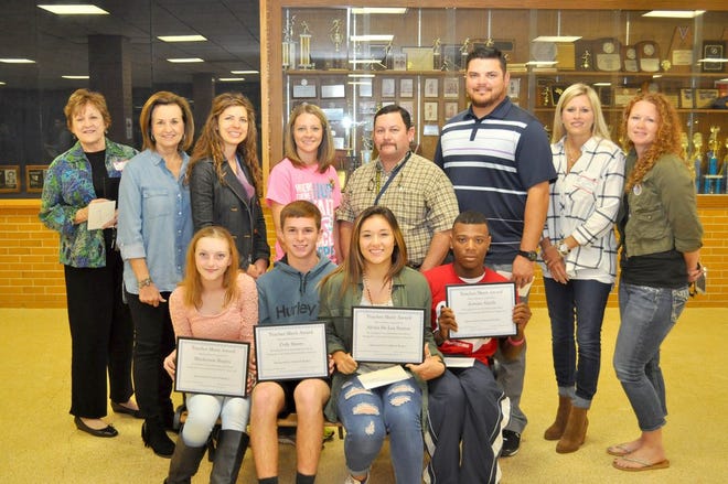 Stephenville High School’s first six weeks Teacher Merit Award winners - sponsored by Coldwell Banker - are, from left to right, Mackenzie Bagley, Cody Storrs, Alexis De Los Santos and Jerome Smith. The students were nominated by SHS teachers.

Back row: Carolyn Horton, Donna Wagner, Kelly Burch, Kristol Carter, Jeffrey Birchfield, Cody Moore, Cindy Friedrich and Chaundra Stout.