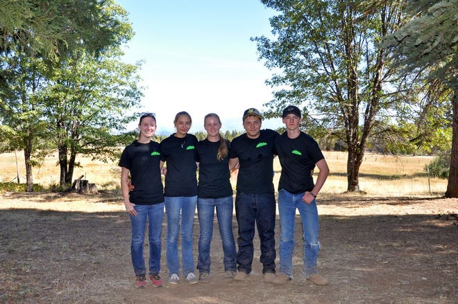 Golden Eagle Charter students learn how to manage pine plantations at the 2016 Shasta Forestry Challenge. From left: Heather Quigley (advisor), Tesia Quigley, Caroline Ristuccia, Donavan Endres and Kody Martin.