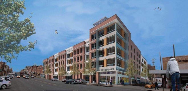 Rendering of a proposed 91-unit apartment building and a Market Fresh grocery on Broadway, between Johnston and Lander streets, in the City of Newburgh. PROVIDED