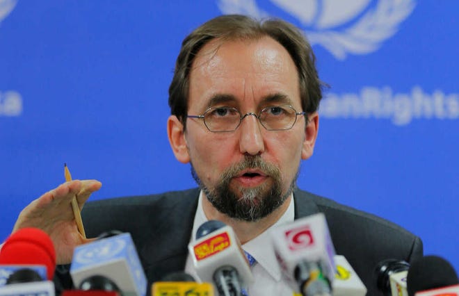 FILE - In this Feb. 9, 2016, file photo, United Nations High Commissioner for Human Rights Zeid Ra'ad al-Hussein speaks in Colombo, Sri Lanka. The U.N. human rights chief said on Wednesday, Oct. 12, 2016 that U.S. presidential candidate Donald Trump would be "dangerous from an international point of view" if he is elected. (AP Photo/Eranga Jayawardena, File)