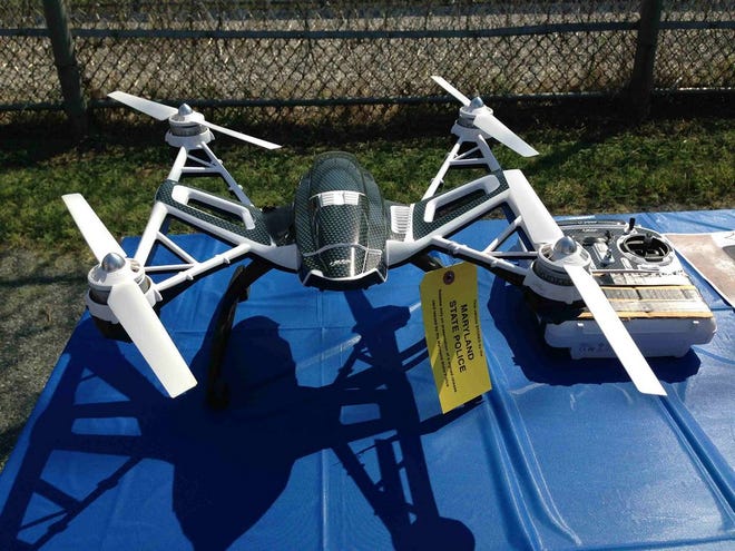 Maryland corrections officials display a drone used in a smuggling operation at a Maryland prison during a news conference Aug. 24, 2015.