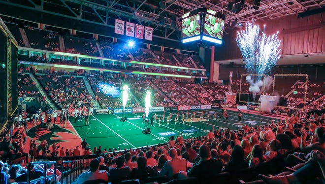 Jacksonville Sharks’ player introductions for the AFL game against the Tampa Bay Storm at the Veterans Memorial Arena in Jacksonville, Fla., Saturday, July 30, 2016. (Gary McCullough/For the Times-Union)