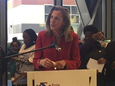 Katie McGinty is seeking the Democratic nomination for U.S. Senate in a three-way primary race in 2016. McGinty, former chief of staff to Gov. Tom Wolf, visited the United Steelworkers Building in Pittsburgh to talk with supporters on Monday, Oct. 26, 2015.