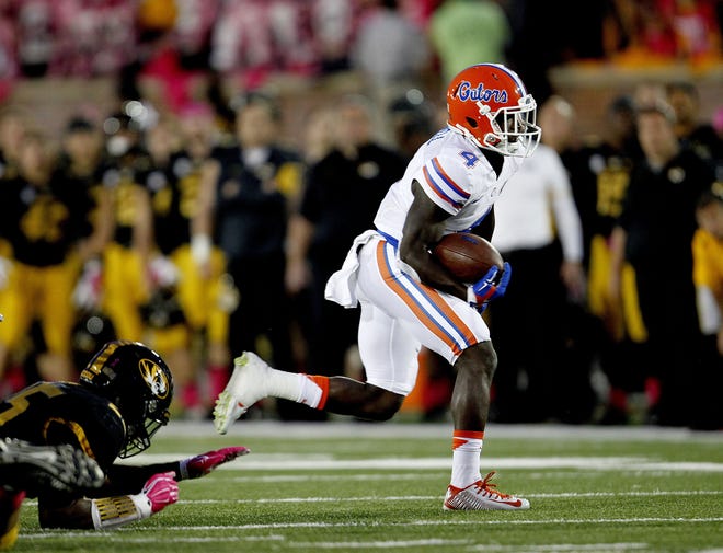 Florida Gators wide receiver Brandon Powell (4) runs up field against the Missouri Tigers during the fist half at Faurot Field on Oct. 10, 2015, in Columbia, Mo. Florida defeated Missouri 21-3. (Matt Stamey / Gatehouse Media)