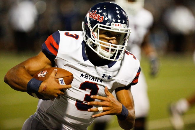 Denton Ryan (Texas) quarterback Spencer Sanders is the Cowboys' lone class of 2018 commitment. In a Sept. 8 game at Wylie East, Sanders combined for five touchdowns in a 40-21 victory. [PHOTO COURTESY OF THE DENTON RECORD CHRONICLE]