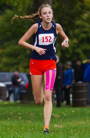 Rochester's Katherine Petty won the Central State Eight Conference Cross Country Meet at Lincoln Park Saturday, Oct. 15, 2016. Ted Schurter/The State Journal-Register