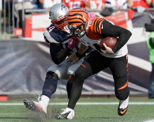 New England Patriots linebacker Dont'a Hightower, left, sacks Cincinnati Bengals quarterback Andy Dalton for a safety during the second half of an NFL football game, Sunday, Oct. 16, 2016, in Foxborough, Mass. (AP Photo/Steven Senne)