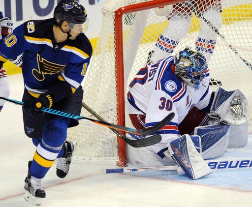 New York Rangers goalie Henrik Lundqvist (30), of Sweden, guards against St. Louis Blues' Scottie Upshall (10) during the first period of an NHL hockey game, Saturday, Oct. 15, 2016, in St. Louis. (AP Photo/Bill Boyce)