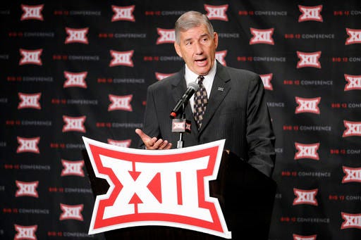 FILE - In this July 18, 2016, file photo, Big 12 commissioner Bob Bowlsby addresses attendees during Big 12 media day in Dallas. The Big 12 board of directors meets Monday, Oct. 17, 2016, in Dallas and the topic of expansion will be addressed. Not necessarily decided, but definitely addressed. (AP Photo/Tony Gutierrez, File)