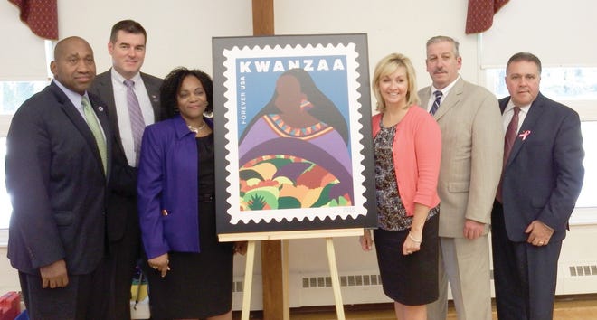 Top, Wanda R. Poteat unveils Kwanzaa stamp. Bottom left, Poteat takes the oath of office. Bottom right, Poteat presents co-worker Sue Bohdiewicz with a special plaque.