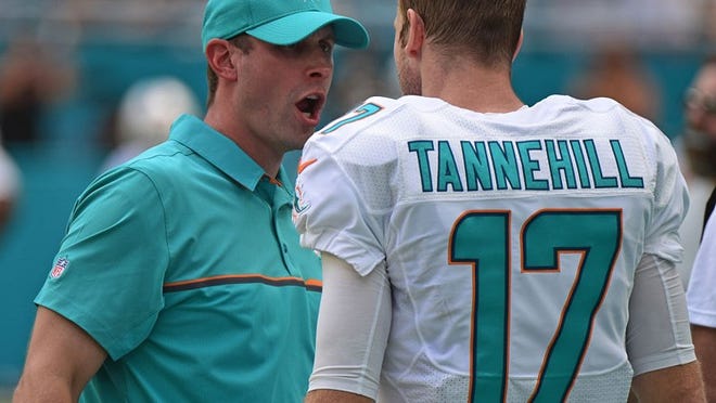 Miami Dolphins head coach Adam Gase has words with Miami Dolphins quarterback Ryan Tannehill (17) in the first quarter of a game against the Pittsburgh Steelers on Sunday, Oct. 16, 2016 at Hard Rock Stadium in Miami Gardens, Fla. (Jim Rassol/Sun Sentinel/TNS via Getty Images)