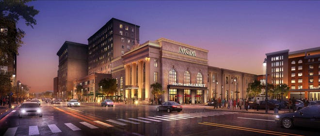 An artist's conception of MGM Resorts International's casino under construction in Springfield, Mass. This perspective is from State Street and MGM Way. COURTESY OF SPRINGFIELD REDEVELOPMENT AUTHORITY