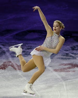 FILE - In this April 3, 2016, file photo, Gracie Gold, of the United States, skates during the exhibition program at the World Figure Skating Championships, in Boston. Skate America begins Friday in Hoffman Estates, Ill. (AP Photo/Elise Amendola, File)