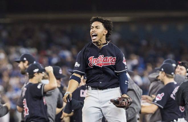 Cleveland Indians shortstop Francisco Lindor celebrates after the Indians defeated the Toronto Blue Jays 3-0 in Game 5 of the American League Championship Series in Toronto on Wednesday. A leader in the clubhouse and on the field, Cleveland's 22-years-old exuberant shortstop has blossomed in this postseason will now showcase his immense talents in the World Series. (Mark BlinchThe Canadian Press via AP)