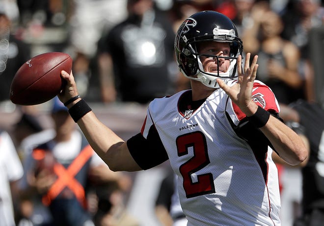 FILE - In this Sept. 18, 2016, file photo, Atlanta Falcons quarterback Matt Ryan passes against the Oakland Raiders during an NFL football game in Oakland, Calif. The Falcons visit the unbeaten Denver Broncos on Sunday, Oct. 9, when Ryan and Julio Jones bring the league's No. 1 offense to Denver. (AP Photo/Marcio Jose Sanchez, File)